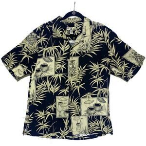 Caribbean Joe Hawaiian Shirt Men's Size Large Black and Tan Palm Leaves Rayon